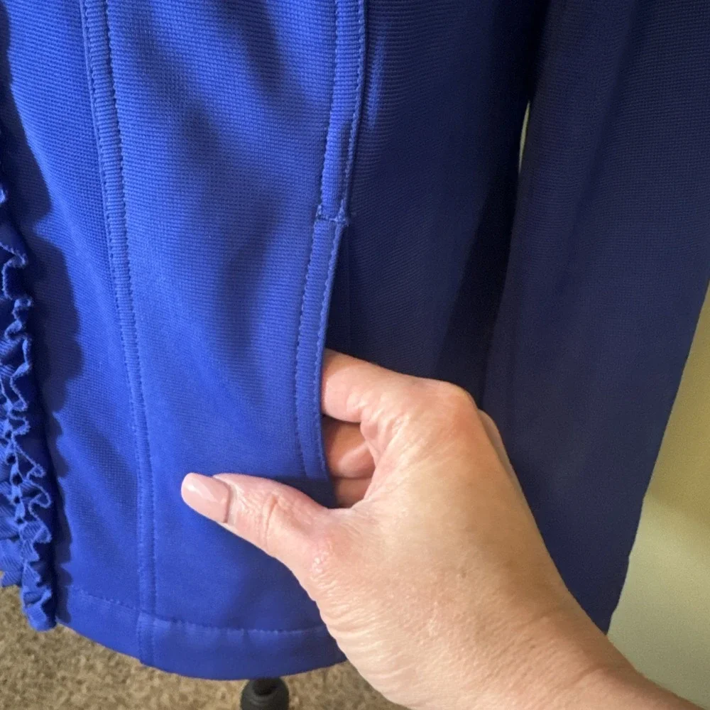 Midnight Velvet Brand Blue Ruffled Jacket Gold‎ Accents Pockets Women's Size 12
